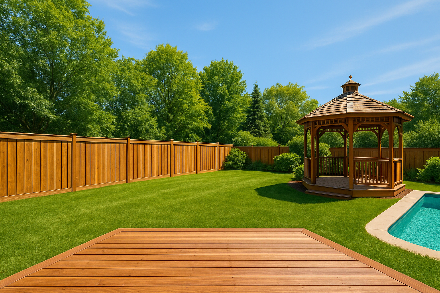 Wooden deck pathway and gazebo with green lawn